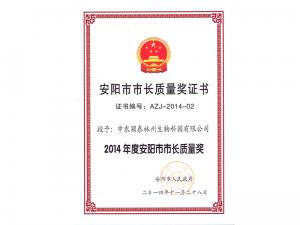 Anyang Mayor Quality Award Certificate